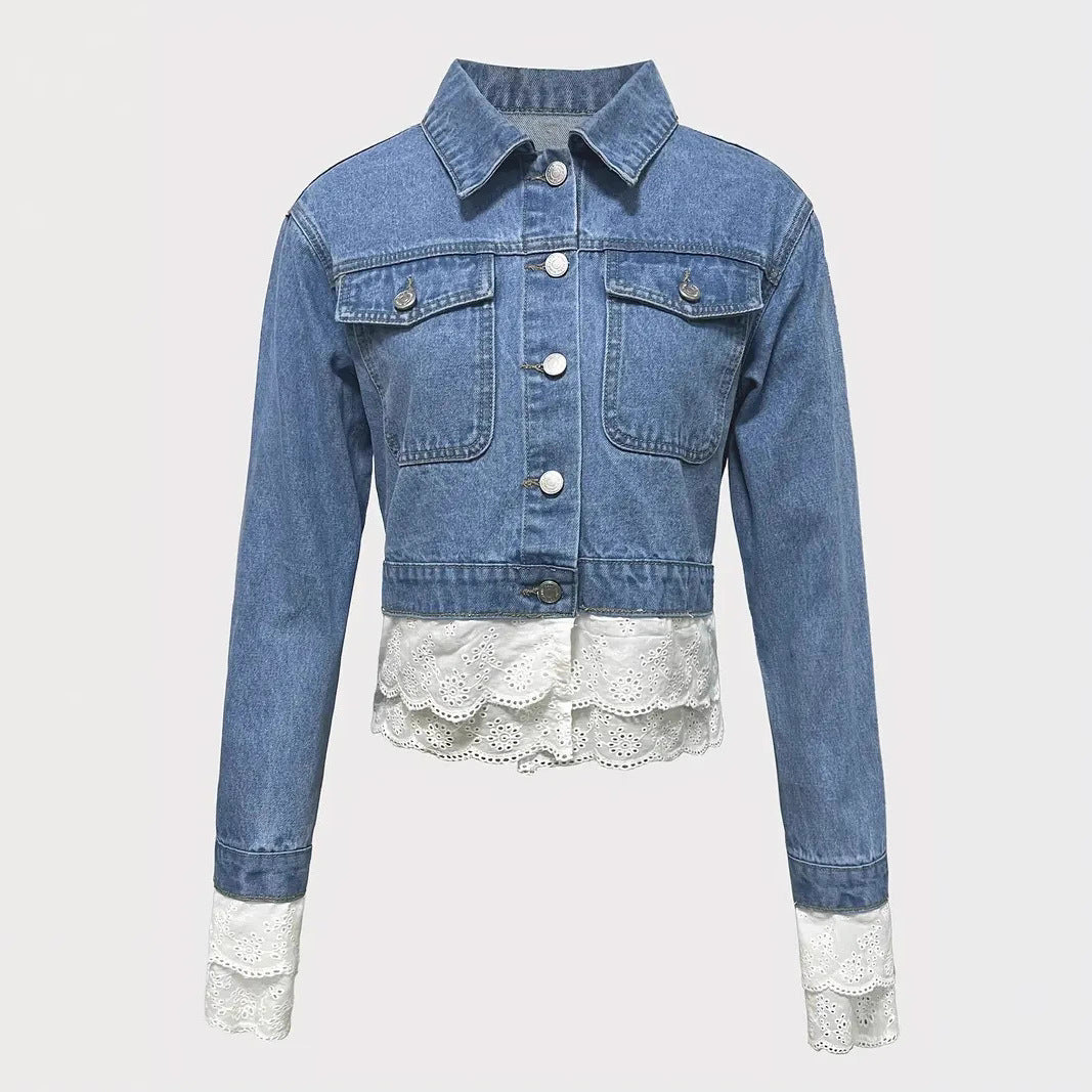 Women's Lace Trim Denim Jacket - Cropped Jean Jacket with Feminine Edge
