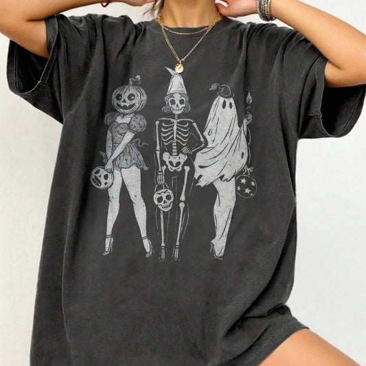 Spooky Squad Oversized Halloween Graphic Tee - Unisex Round Neck