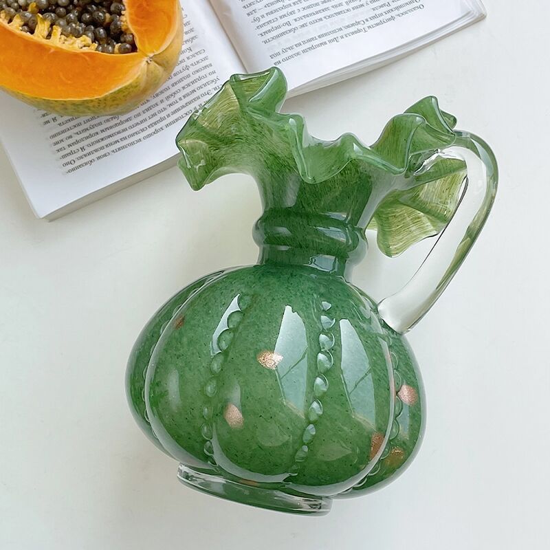Green Glass Floral Vase - Handcrafted Pleated Lace Design