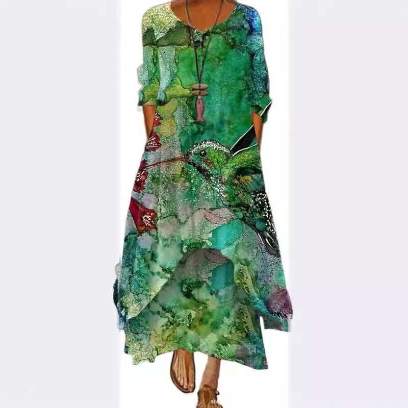 Boho Floral & Abstract Maxi Dress - Irregular Hem, Casual Loose Fit