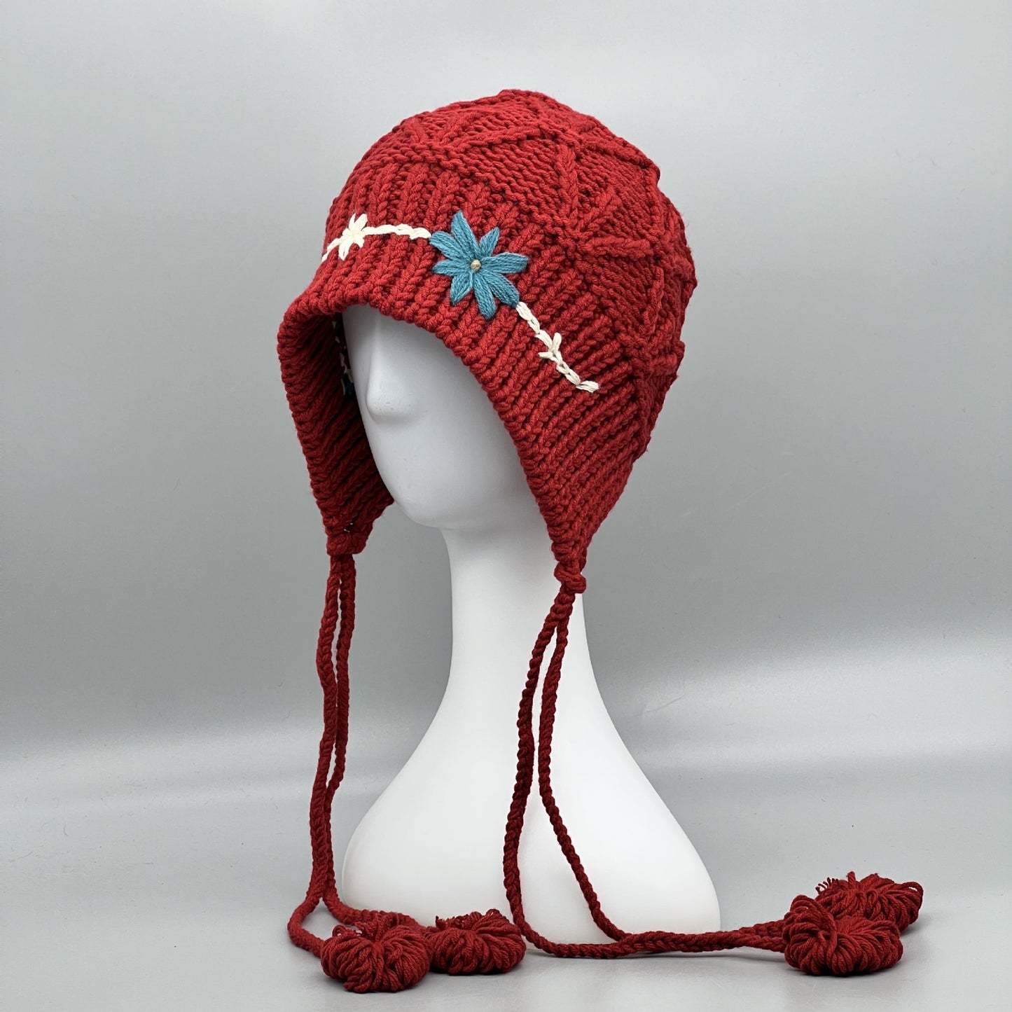 Handmade Knitted Winter Hat with Flower Accent - Women's Wool Beanie with Ear Flaps