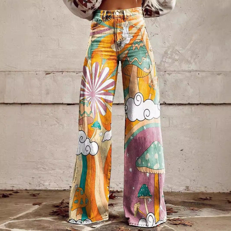 Retro Boho Wide Leg Pants - Festival Floral Streetwear