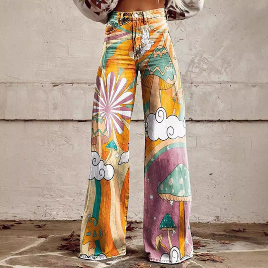 Retro Boho Wide Leg Pants - Festival Floral Streetwear
