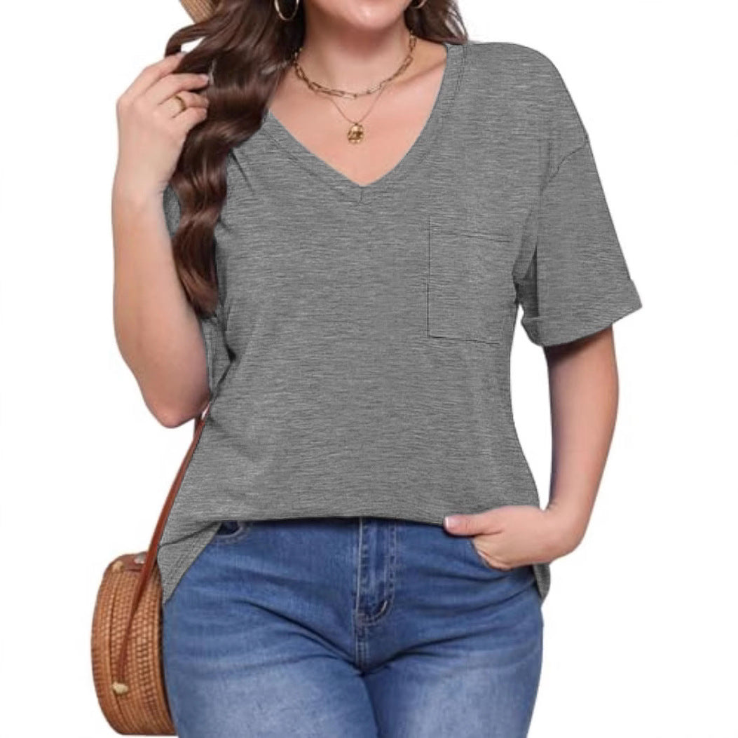 Casual V-Neck Pocket Tee - Loose Fit Short Sleeve T-Shirt