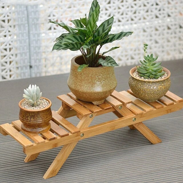 Bamboo Desktop Flower Stand - Mini Plant Display Shelf for Succulents & Small Pots