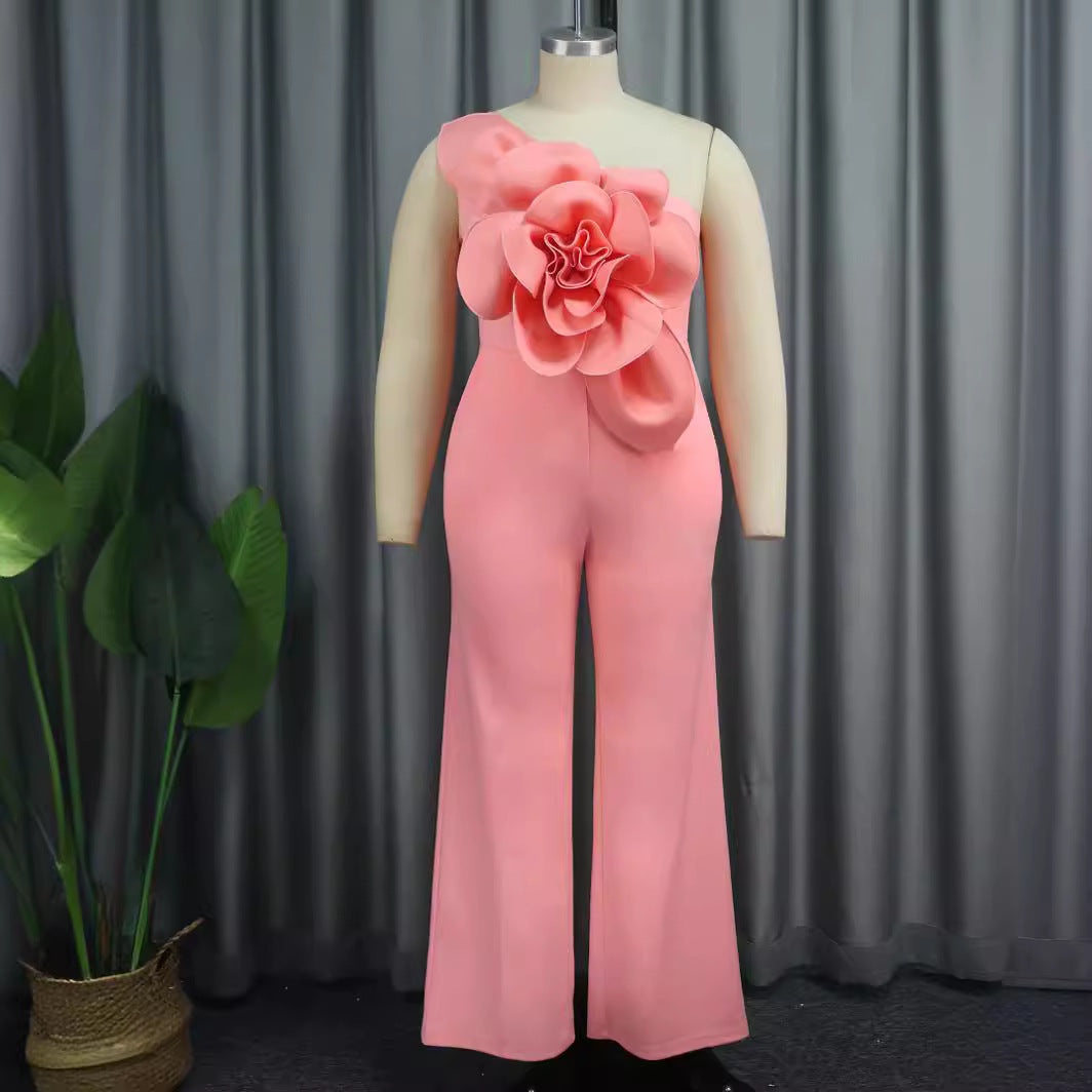 3D Flower Statement Jumpsuit - Elegant One-Shoulder Wide-Leg Romper