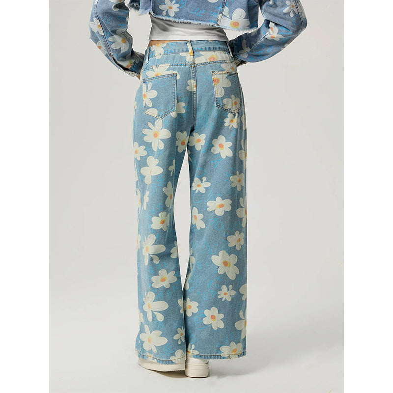 Vintage Daisy Flower Print Straight-Leg Jeans for Women