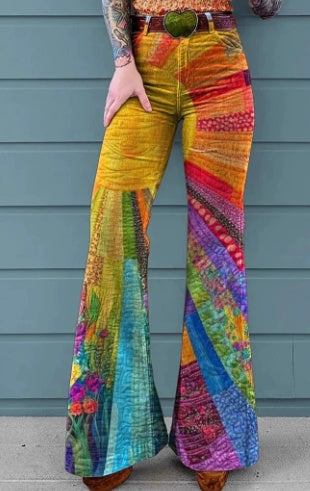 Boho Patchwork Wide Leg Jeans - Retro Festival Style