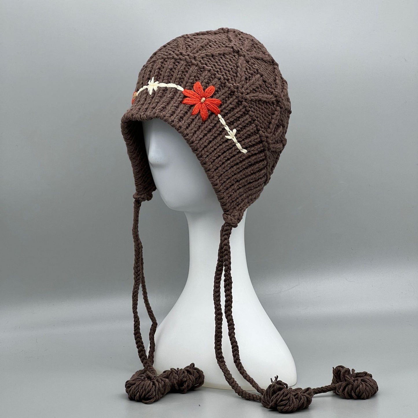 Handmade Knitted Winter Hat with Flower Accent - Women's Wool Beanie with Ear Flaps