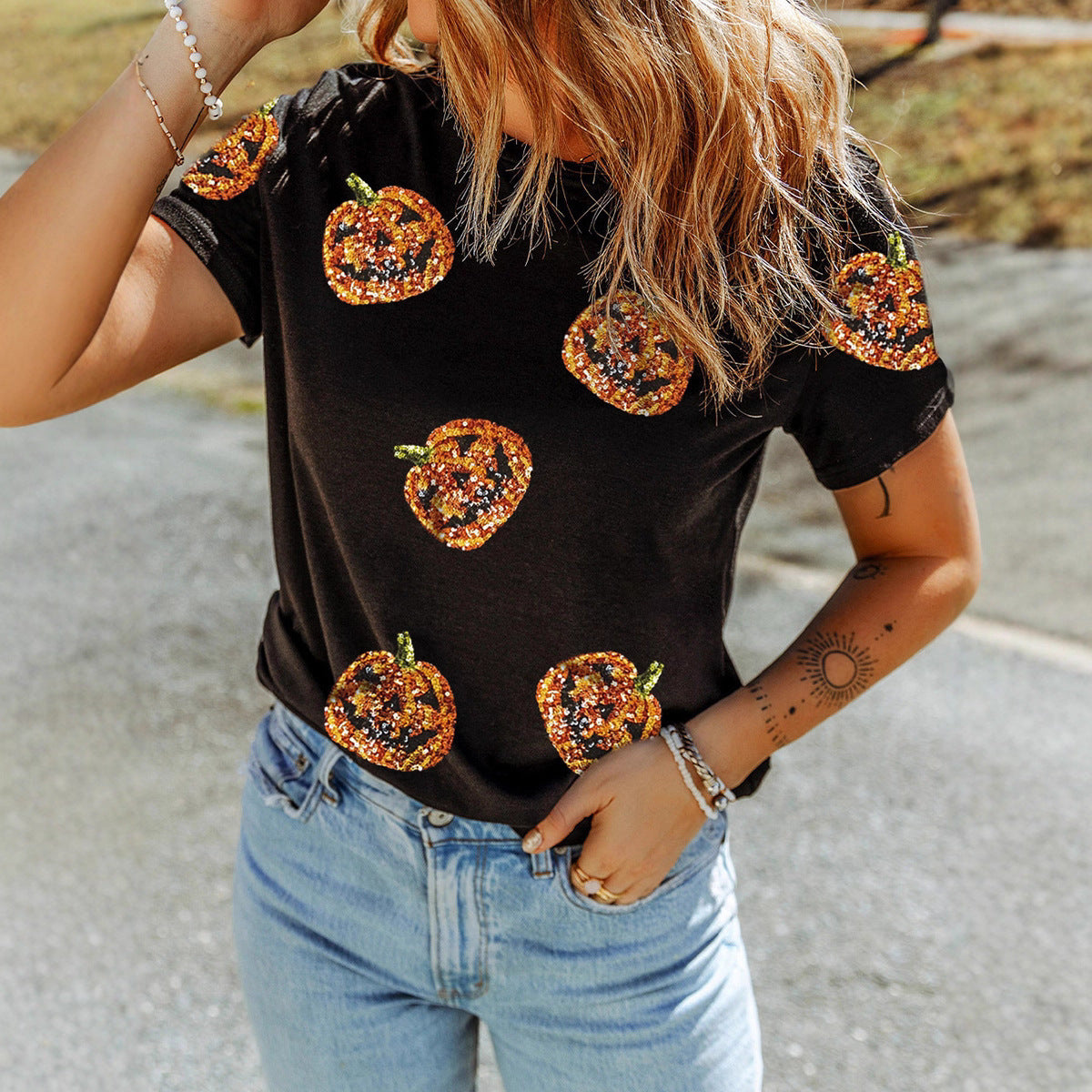 Sequin Pumpkin Halloween T-Shirt - Sparkly Jack-O'-Lantern Graphic Tee