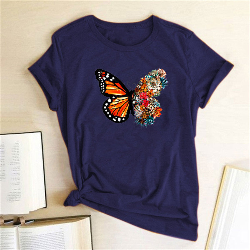 Butterfly & Wildflower Print Cotton T-Shirt - Short Sleeve Casual Tee