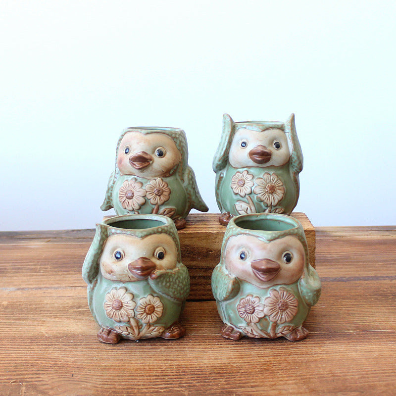 Ceramic Owl Succulent Planters - Mini Flower Pots or Indoor Plants (Set of 4)