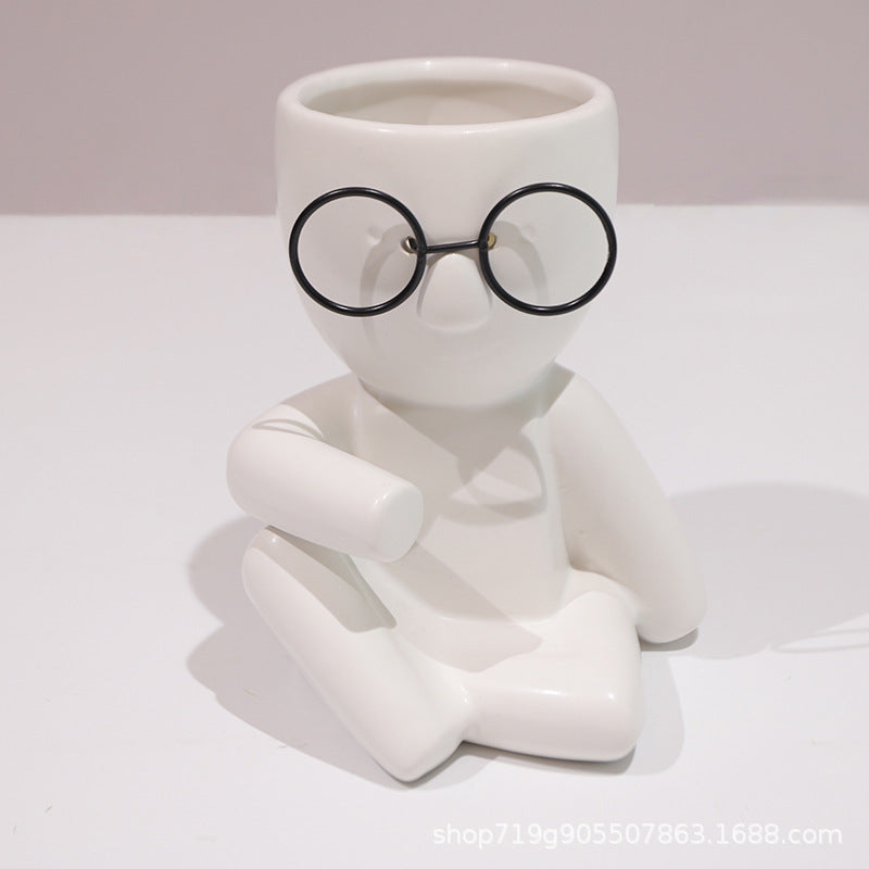 Quirky Ceramic Figure Flower Pots with Glasses - Cartoon Planters