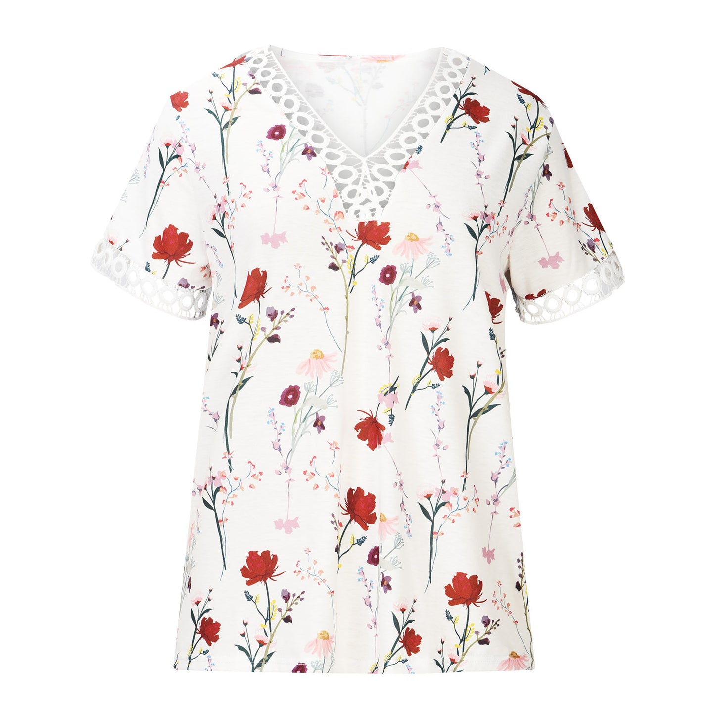 Floral Cotton V-Neck Lace Trim Blouse - Casual Summer Top