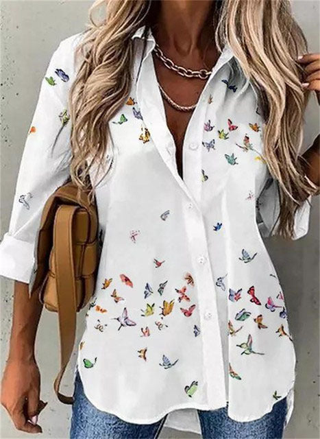 Women's Floral V-Neck Long Sleeve Blouse - Loose Fit Casual Shirt