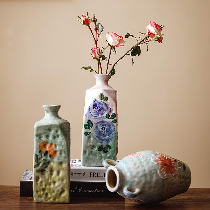 Hand-Painted Ceramic Flower Vase - Square & Bottle Style Decorative Vessels