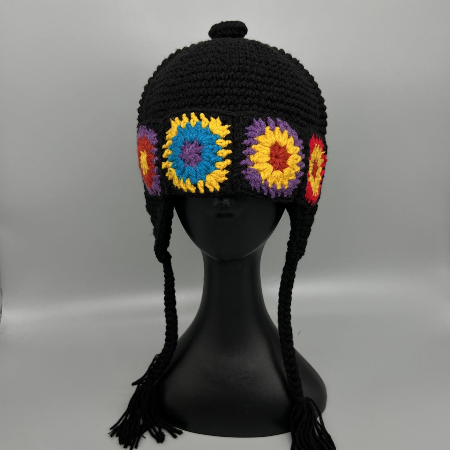 Handmade Crochet Flower Knit Winter Hat - Boho Earflap Beanie