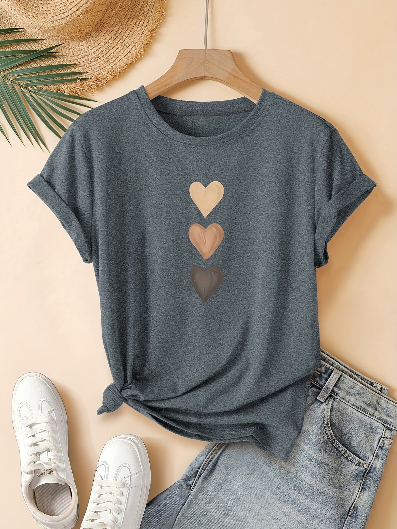 Three Heart Graphic Tee - Women's Casual Cotton Short Sleeve T-Shirt