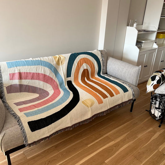 Modern Minimalist Rainbow Throw Blanket - Geometric Boho Cotton Sofa Cover