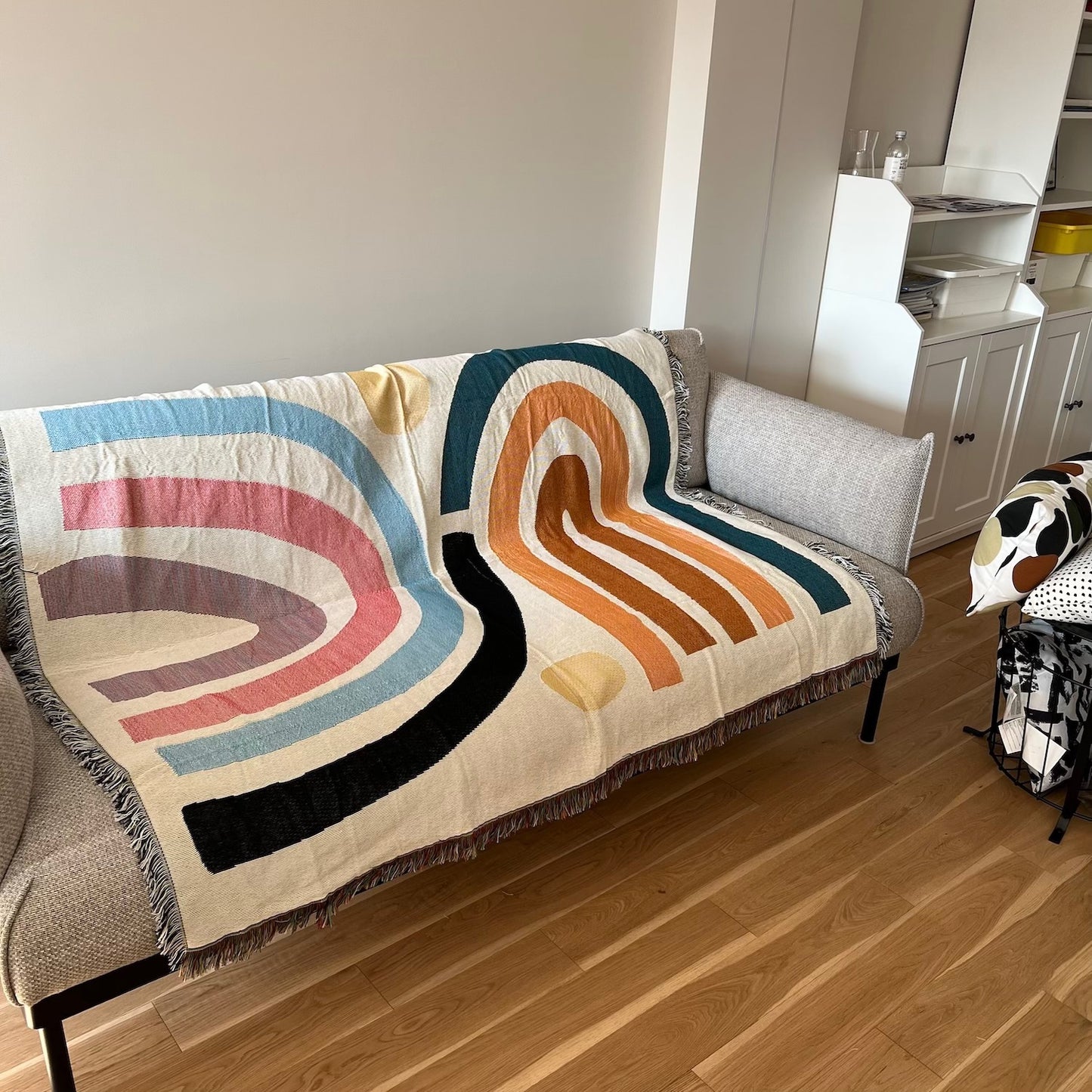 Modern Minimalist Rainbow Throw Blanket - Geometric Boho Cotton Sofa Cover