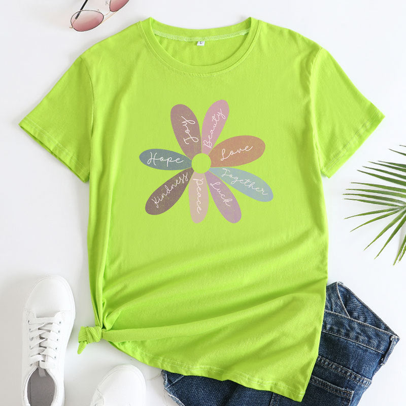 Bright Daisy Graphic Tee - Casual Round Neck Short Sleeve