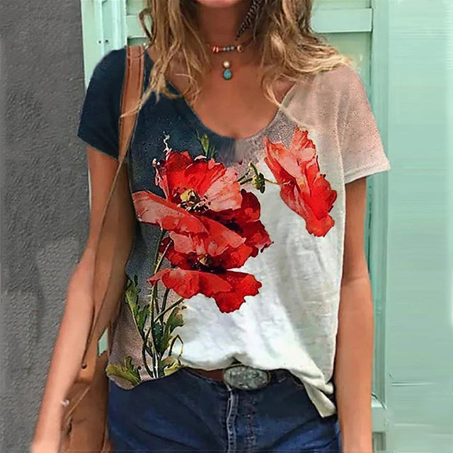 Women's Floral Print Casual T-Shirt - Colorful Summer Top