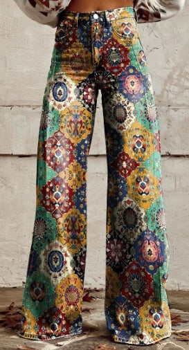 Boho Mandala Print Wide Leg Pants - Retro Festival Style
