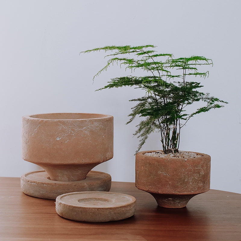 Red Ceramic Pedestal Flower Pot - Modern Planter with Drainage Tray