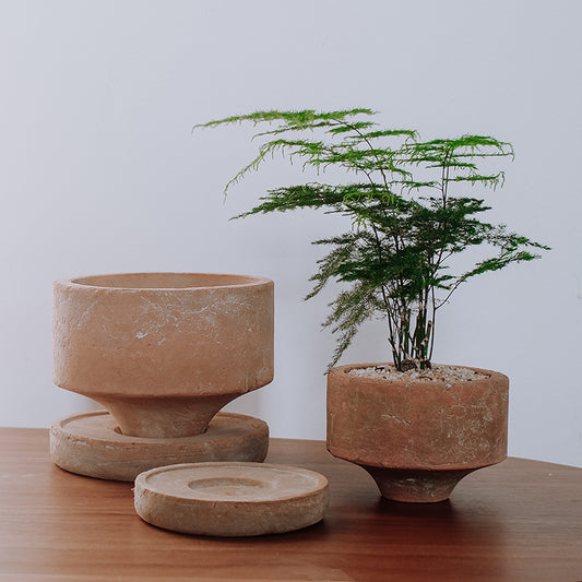 Red Ceramic Pedestal Flower Pot - Modern Planter with Drainage Tray