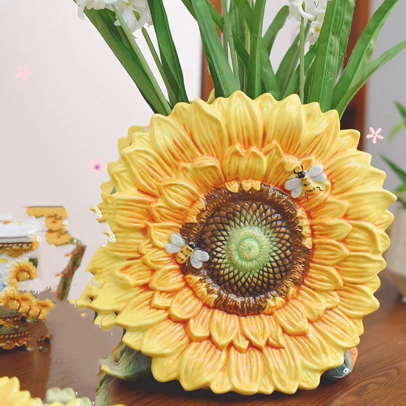 Large Ceramic Sunflower Vase - Decorative Floral Centerpiece Home Decor