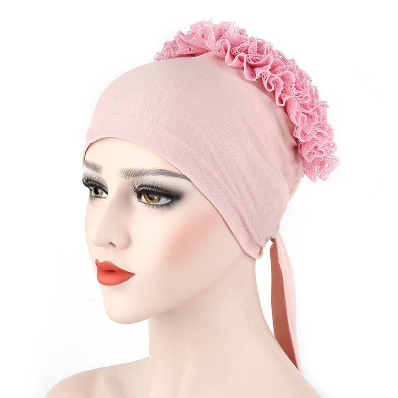 Women's Cotton Turban Hat with Back Flower Detail