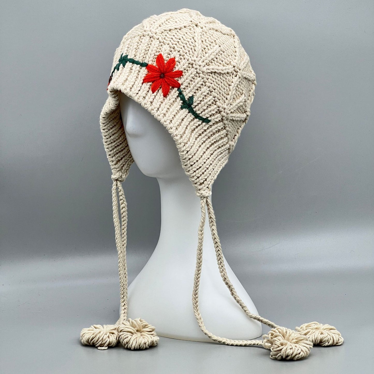 Handmade Knitted Winter Hat with Flower Accent - Women's Wool Beanie with Ear Flaps