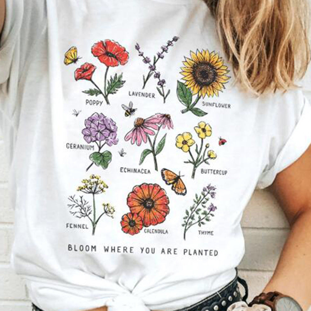 Bloom Where You Are Planted Botanical Flower Graphic Tee - Women's Cotton T-Shirt