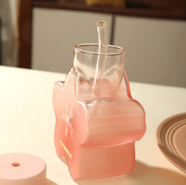 Pink Flower Glass Cup with Straw - Heat-Resistant 355ml Drinkware