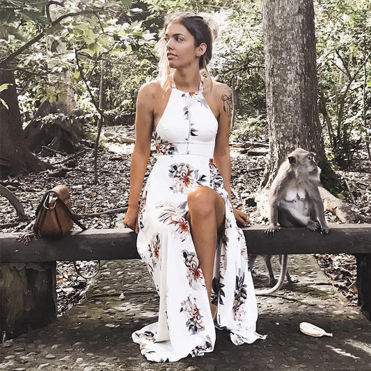Boho Floral Halter Maxi Dress - White Lace Chiffon Sundress