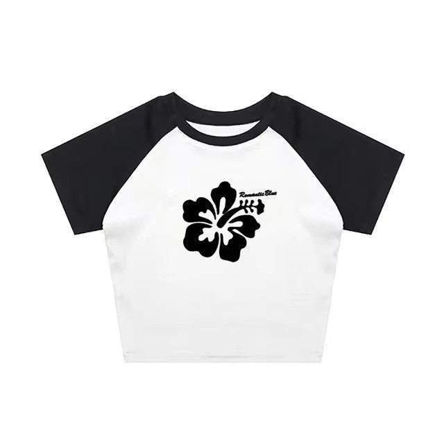 Retro Hibiscus Flower Print Short Sleeve Tee - Casual Y2K Summer Top