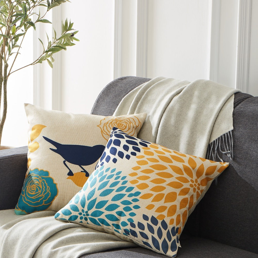 Cotton & Linen Pillow Covers with Floral and Bird Print - Decorative Cushion Cases