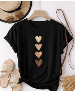 Gold Foil Heart Print Tee - Casual Short Sleeve T-Shirt