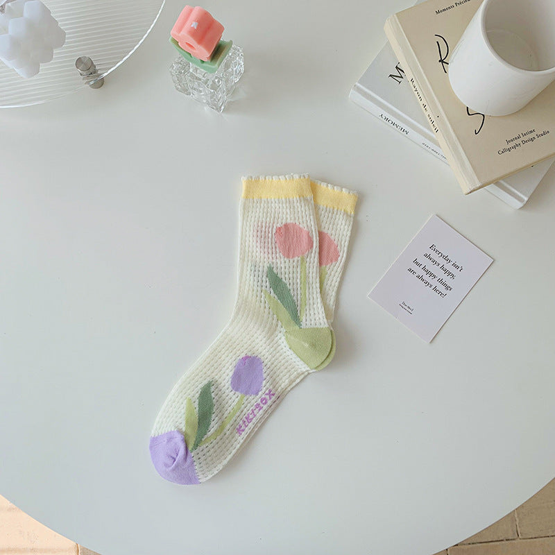 Women's Sheer Tulip & Floral Mesh Socks - Colorful Glass Silk Style