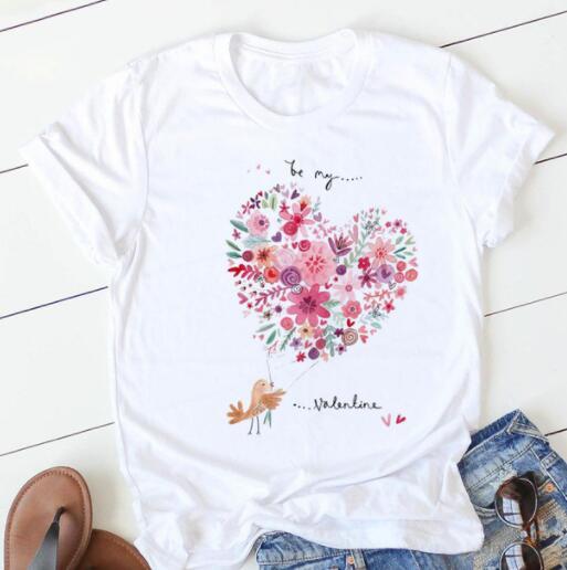 Women's Heart & Flower Print Short Sleeve T-Shirt - Casual Graphic Tee
