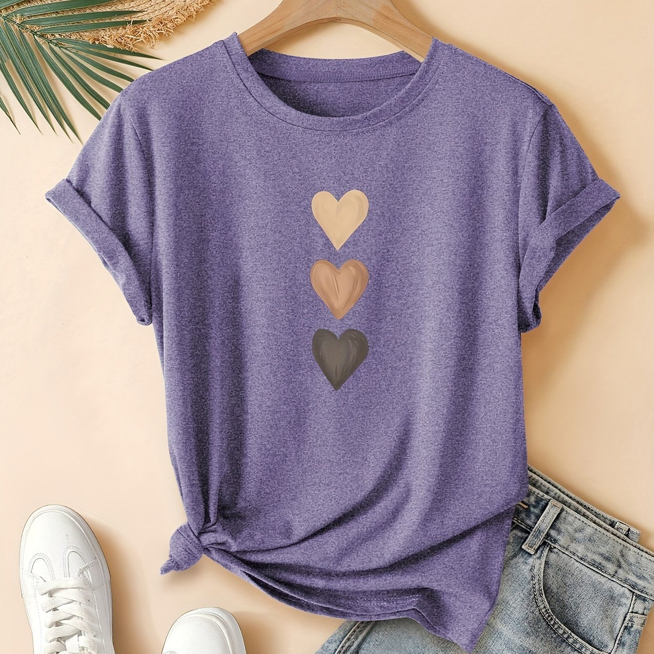 Three Heart Graphic Tee - Women's Casual Cotton Short Sleeve T-Shirt