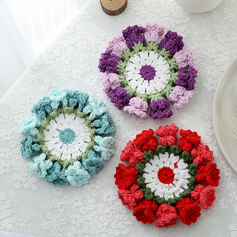 Handmade Knitted Flower Coaster - Colorful Woven Drink Mat