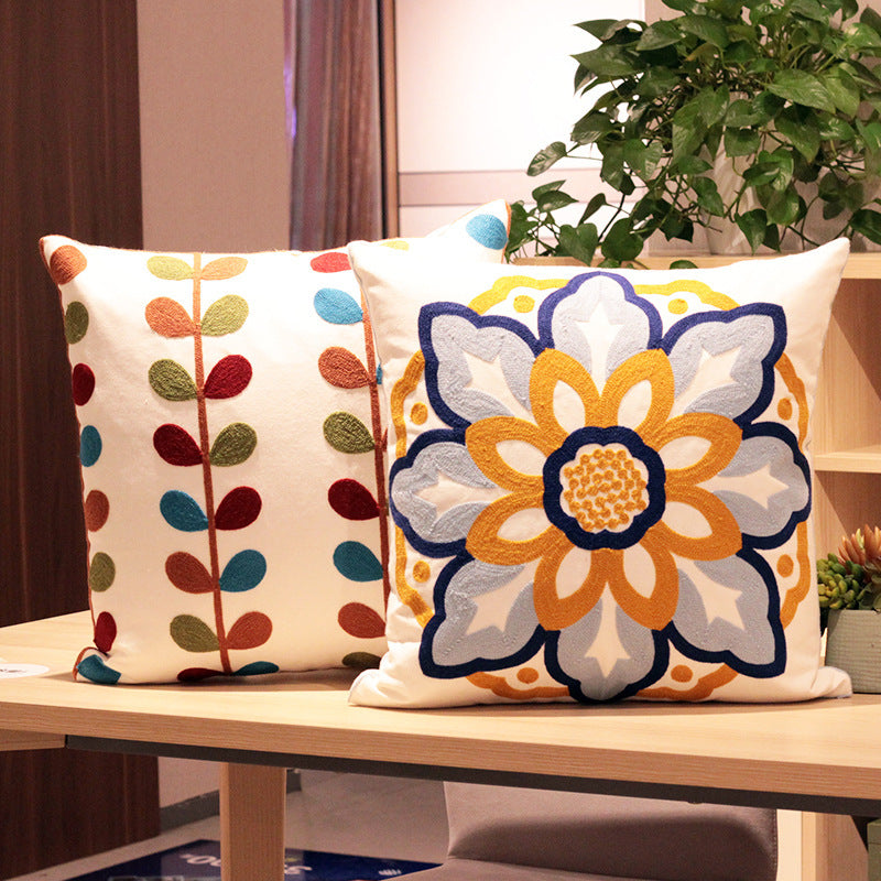 Embroidered Nordic Floral Cushion Cover - 45x45cm Cotton Pillowcase