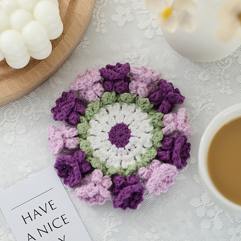 Handmade Knitted Flower Coaster - Colorful Woven Drink Mat