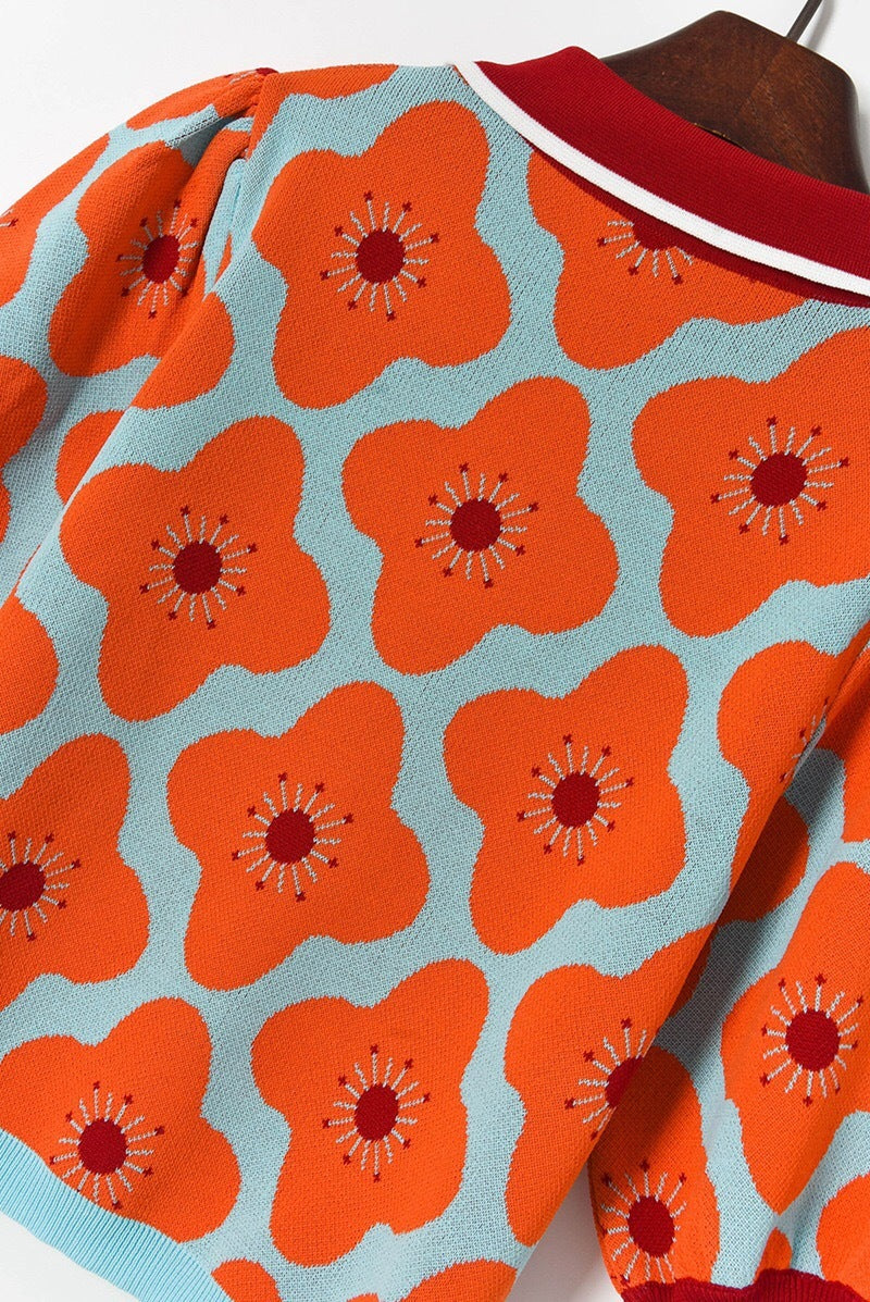 Retro Flower Print Knit Polo Sweater - Short Sleeve Cropped Top (S-L)