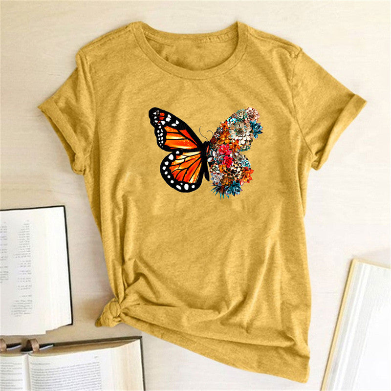 Butterfly & Wildflower Print Cotton T-Shirt - Short Sleeve Casual Tee