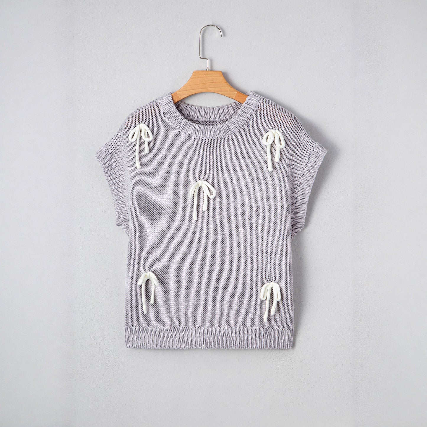 Women's Knit Sweater Top with Bow Details - Cute Short Sleeve Pullover