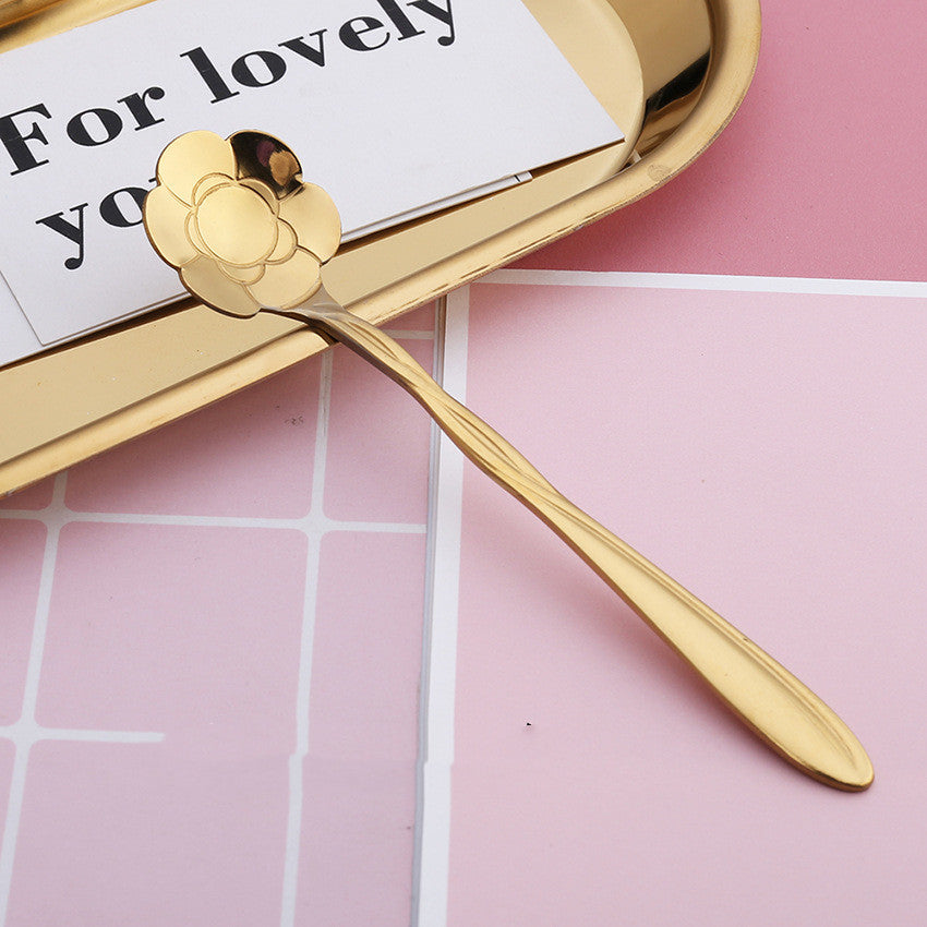 8-Piece Gold-Plated Flower Coffee Spoon Set - Stainless Steel Teaspoons