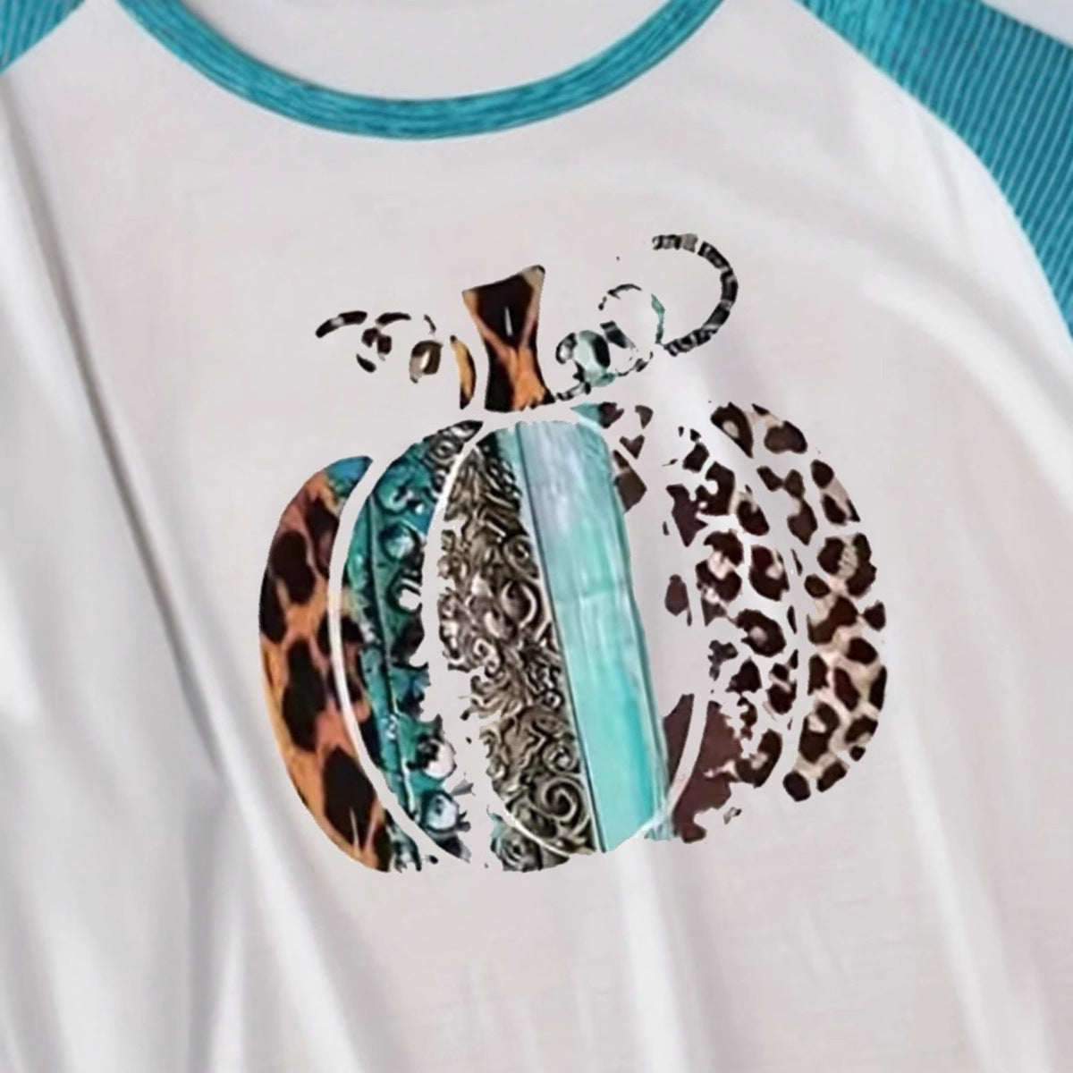 Blue Pumpkin Patchwork Raglan Tee - Women's Fall Long Sleeve Graphic Shirt