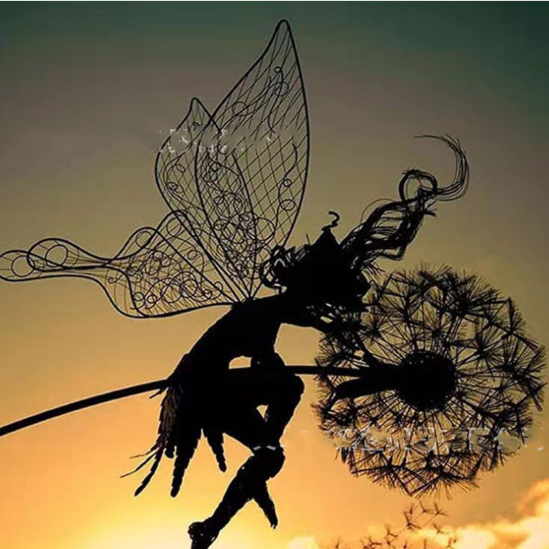 Metal Fairy Garden Sculpture - Dancing Elves with Dandelions